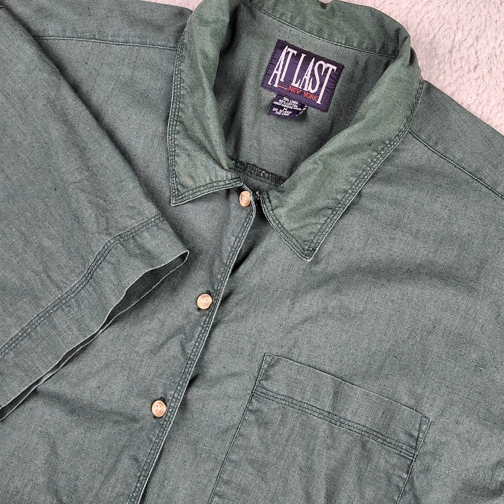 VTG At Last New York Linen Blend Shirt Men Medium Green SS 90s Utility Coastal